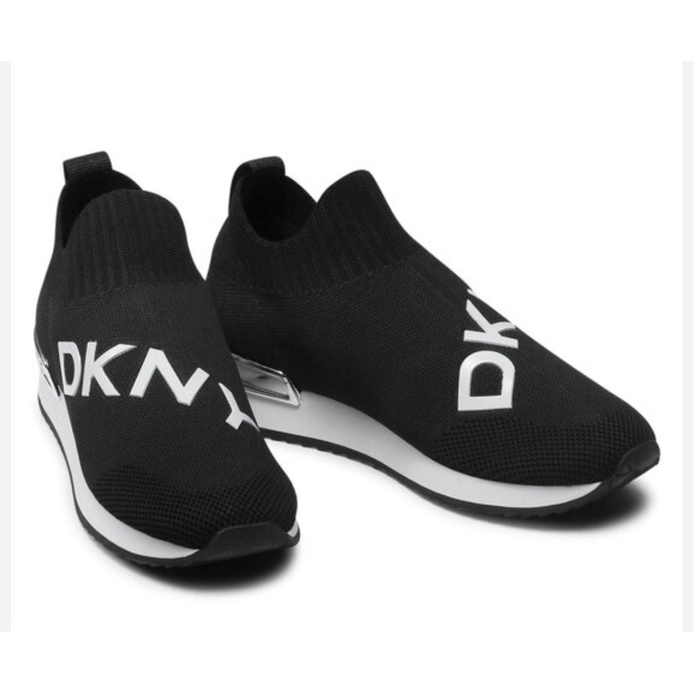 DKNY Masha Black Knit Sock Sneakers Logo Slip On Trainers Womens 8.5M